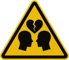 Grafik: Gelbes Warnsymbol mit zwei Köpfen und einem gebrochenen Herz als Symbol